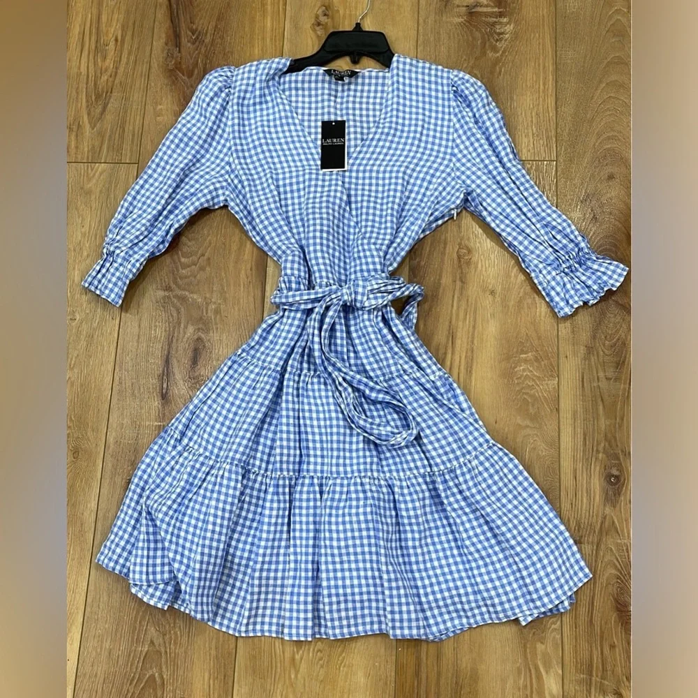 NEW LAUREN RALPH LAUREN Gingham Fit-and-Flare Linen Dress Sz4 - Picture 2 of 3
